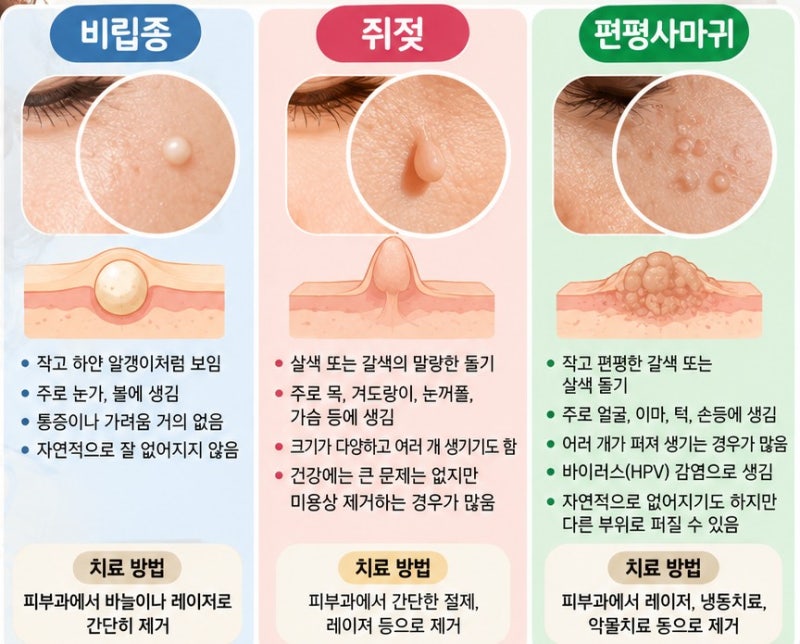 얼굴에 오돌토돌 생긴 작은 돌기｜비립종·쥐젖·편평사마귀 어떻게 구별할까?
