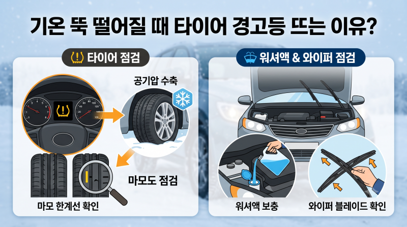 [자동차 관리 실전편 2탄] 기온 뚝 떨어질 때 타이어 경고등 뜨는 이유? 공기압·마모도 & 워셔....