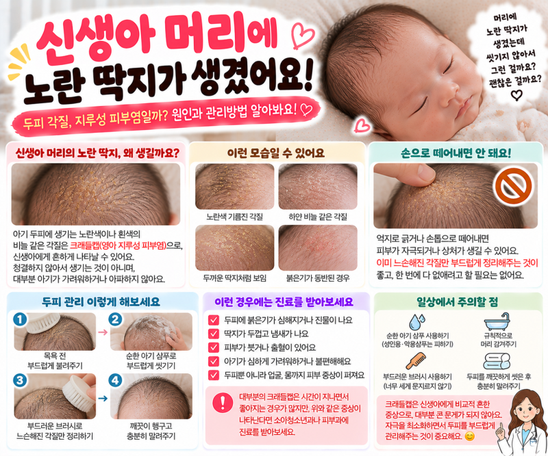 신생아 머리에 노란 딱지가 생겼어요, 두피 각질 지루성 피부염일까?