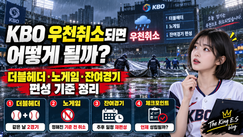 KBO 우천취소되면 어떻게 될까? 더블헤더·노게임·잔여경기 편성 기준 정리 [The King E.S blog]
