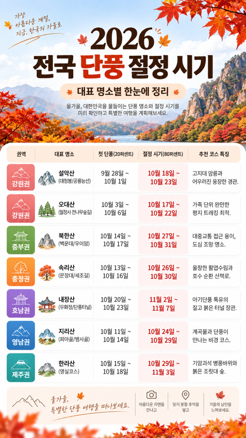 2026 전국 단풍 지도 설악산부터 내장산까지 실패 없는 단풍 여행 코스