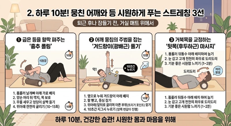 폼롤러 마사지 효과, 뭉친 어깨와 등 근육 시원하게 푸는 법