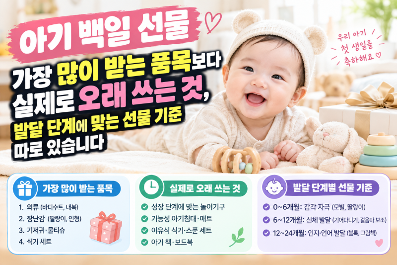 아기 백일 선물 — 가장 많이 받는 품목보다 실제로 오래 쓰는 것, 발달 단계에 맞는 선물 기....