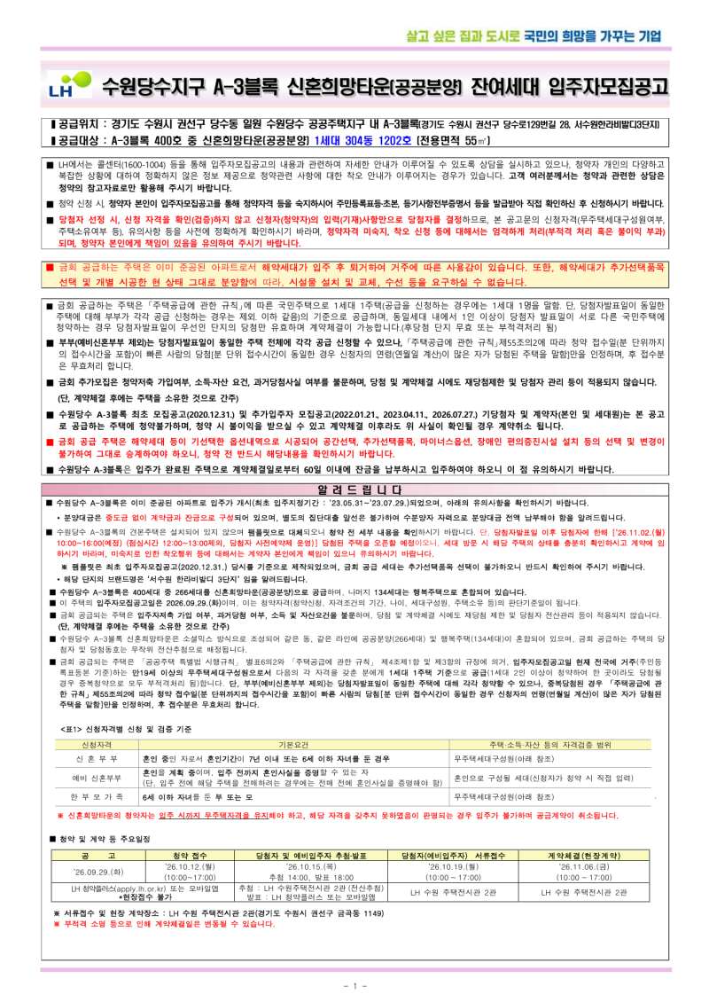 수원당수 A-3 신혼희망타운 잔여세대 1세대 분양가 4억1880만원·청약자격·일정 정리