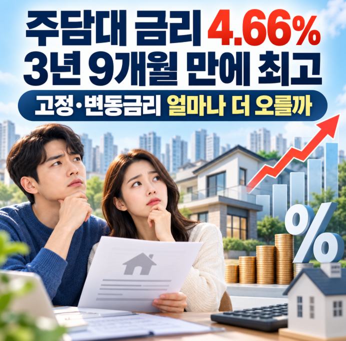 주담대 금리 4.66% 3년 9개월 만에 최고, 고정·변동금리 얼마나 더 오를까