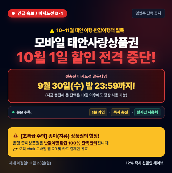[긴급] 반값여행 태안사랑상품권 12% 할인 중단! 9월 30일까지 충전 필수