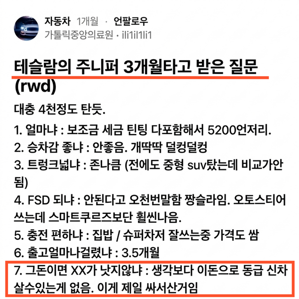 "테슬라 모델Y 주니퍼 RWD 3개월 탔다" 동급 신차 중 가성비 제일 좋다는데?