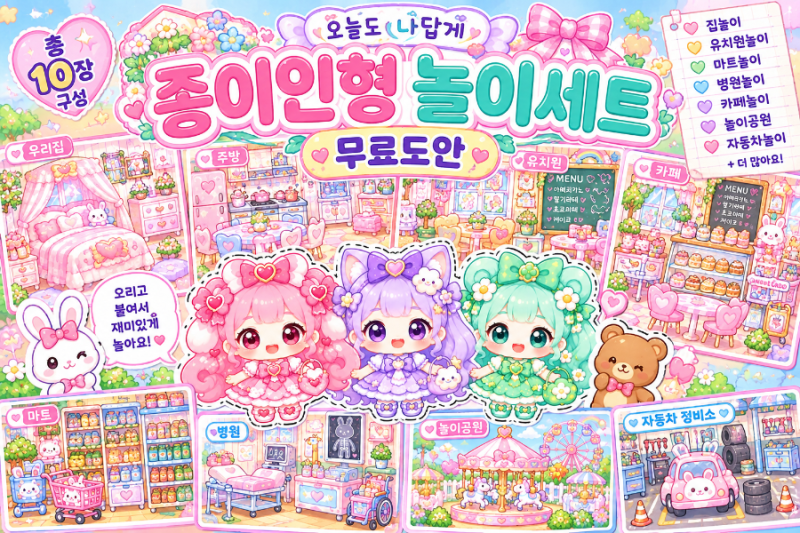무료도안｜유치원생이 푹 빠지는 종이인형 놀이세트 집·마트·카페·병원까지 10가지 역할....