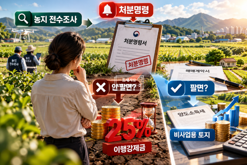 농지전수조사|비사업용 토지 양도세 기준 농지 처분명령 후 강제이행금25% 조건은?