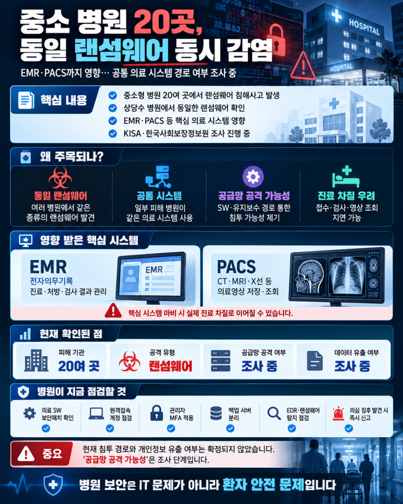 중소병원 20곳 랜섬웨어 동시 감염｜EMR·PACS까지 공격, 왜 같은 랜섬웨어가 퍼졌나?