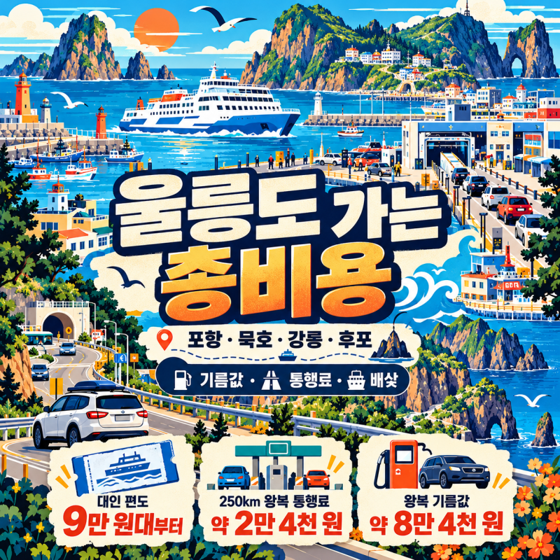울릉도 가는 총비용 포항 묵호 강릉 후포 항구까지 기름값 통행료와 배삯