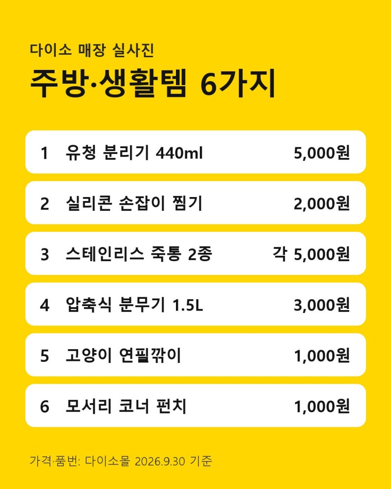 다이소 유청분리기·실리콘 찜기 등 6가지, 1,000~5,000원 매장 실사진
