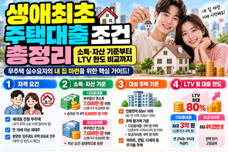 생애최초 주택대출 조건 총정리: 소득 자산 기준부터 LTV 한도 비교