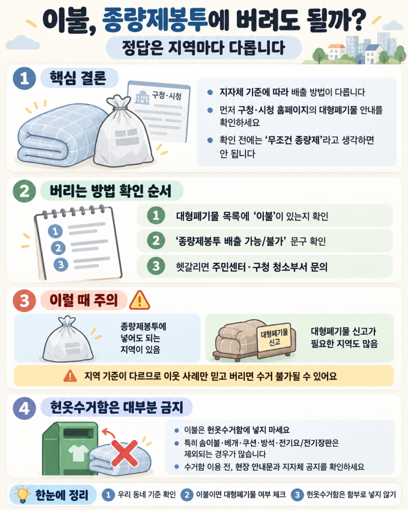 이불 버리는 방법, 종량제봉투·헌옷수거함 안 될 때 수수료 정리