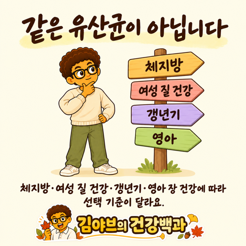 비에날씬·엘레나·메노락토·듀오 디-드롭스, 목적이 다른 유산균 비교
