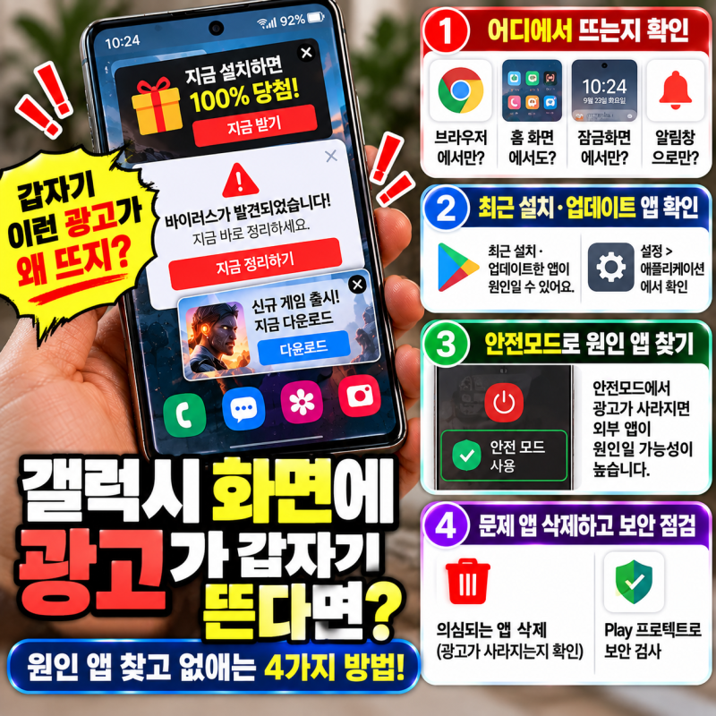 갤럭시 화면에 광고가 갑자기 뜰 때, 원인 앱 찾고 없애는 방법