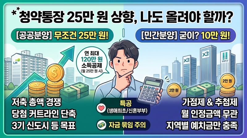 주택청약 25만 원 상향, 나도 올려야 할까? (공공분양 vs 민간분양 금액 딱 정해드려요)