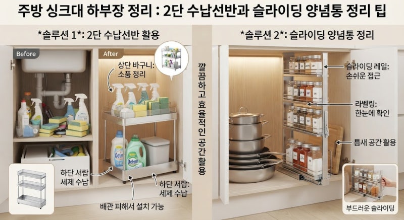 주방 싱크대 하부장 정리 : 2단 수납선반과 슬라이딩 양념통 정리 팁
