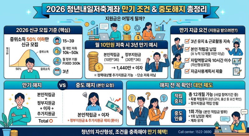 2026 청년내일저축계좌 만기 조건｜중도해지하면 지원금은 어떻게 될까