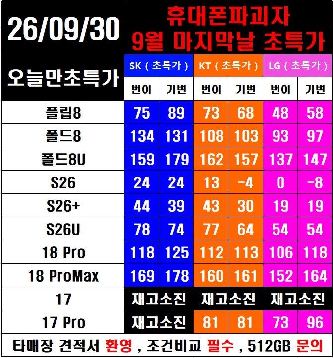 목포남악휴대폰성지 9월 30일 시세표