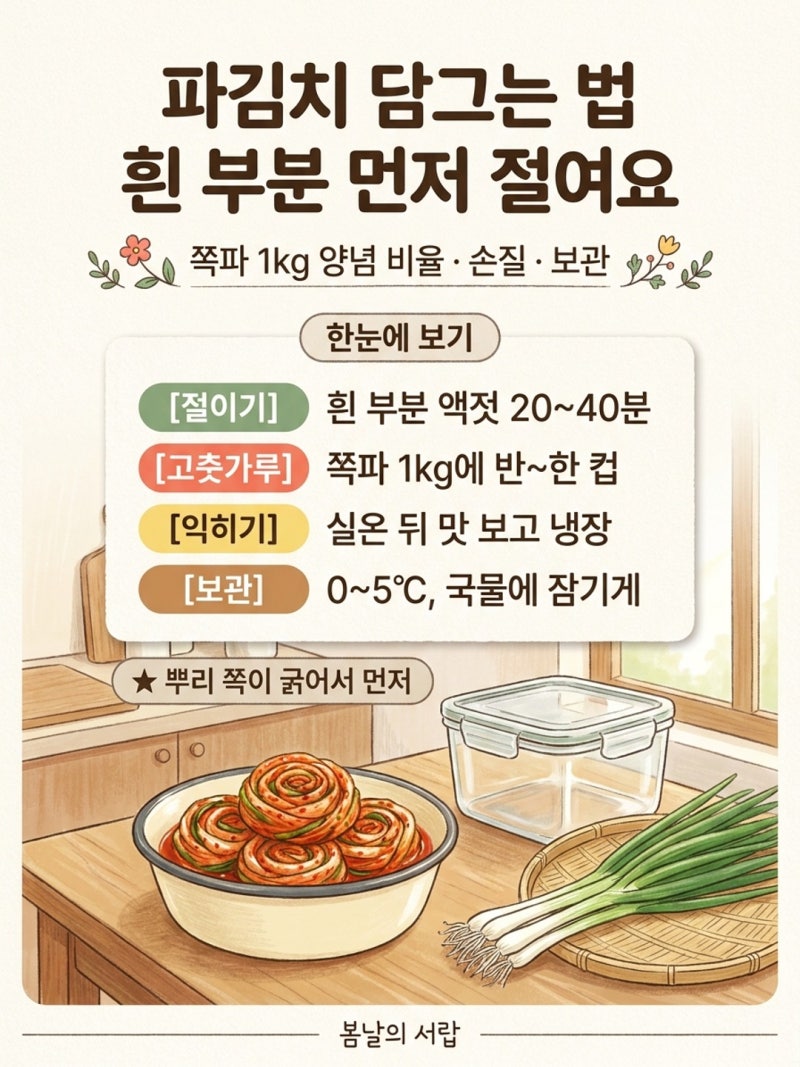 파김치 양념 비율, 고춧가루가 두 배 차이 나는 이유｜쪽파 1kg·절이기·익히는 시간