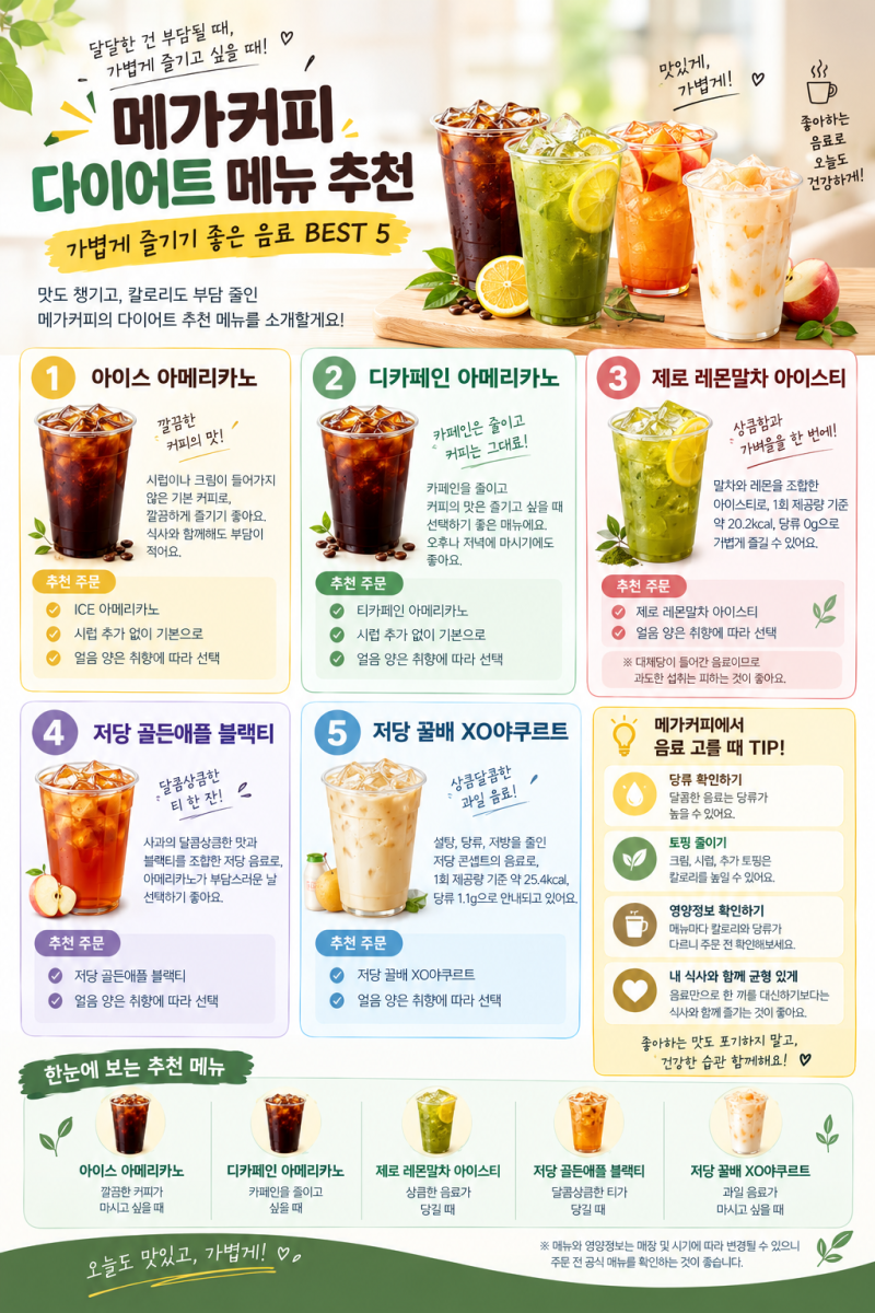 메가커피 다이어트 메뉴 추천｜칼로리 낮은 음료 저당 음료 BEST 5