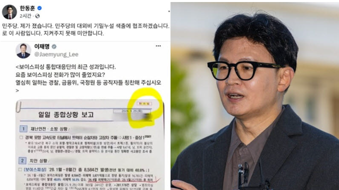 [속보] 한동훈, 이재명 대통령 SNS 공유하며 “내가 졌다”…‘대외비 문건’ 무슨 일