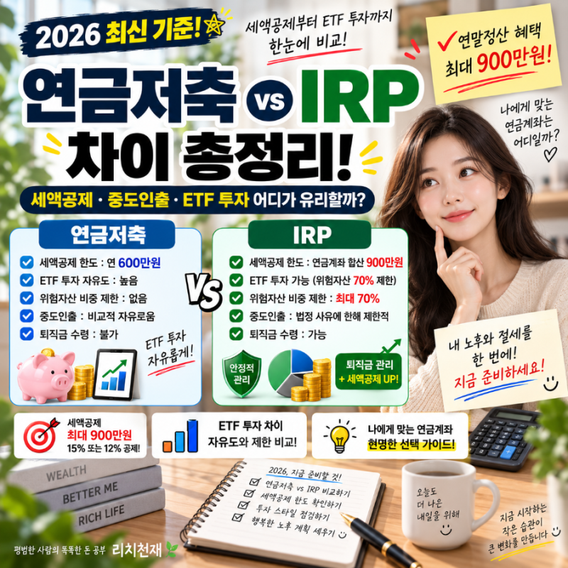 2026 연금저축 vs IRP 차이 총정리｜세액공제·중도인출·ETF 투자 어디가 유리할까?