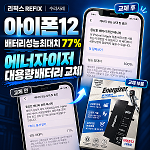 충전기 탓만은 아닙니다 아이폰12 배터리성능최대치 77%, 에너자이저 대용량 배터리 교체