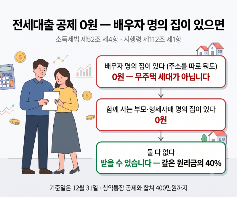 전세대출 소득공제 - 배우자 명의 집이 있으면 0원입니다 (주소를 따로 둬도 부부는 한 세대....