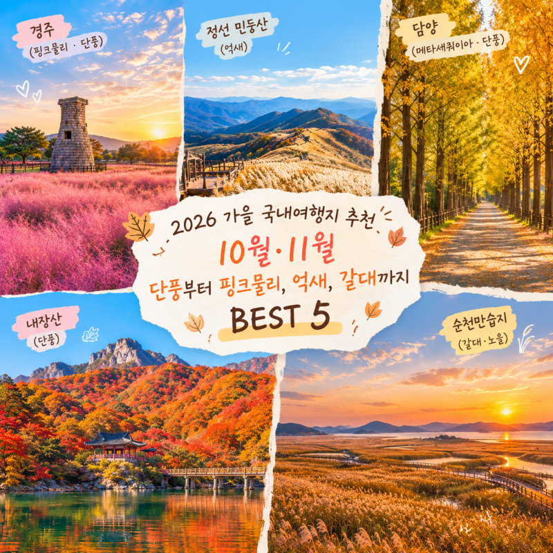 2026 국내 가을 여행지 추천 10월 11월 단풍 핑크뮬리 억새 명소 BEST 5