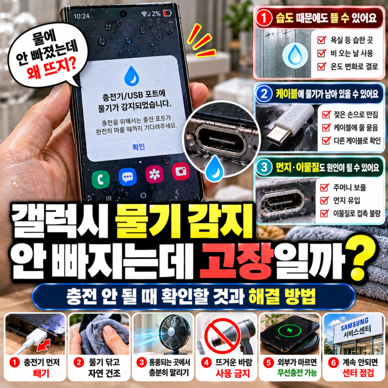 물에 안 빠졌는데 갤럭시 물기 감지 뜨는 이유는? 충전 안 될 때 확인할 것