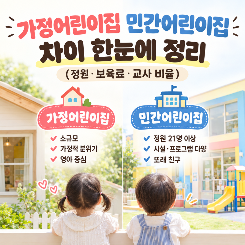 가정어린이집 vs 민간어린이집 차이 한눈에 정리해봤어요 (정원·보육료·교사 비율)