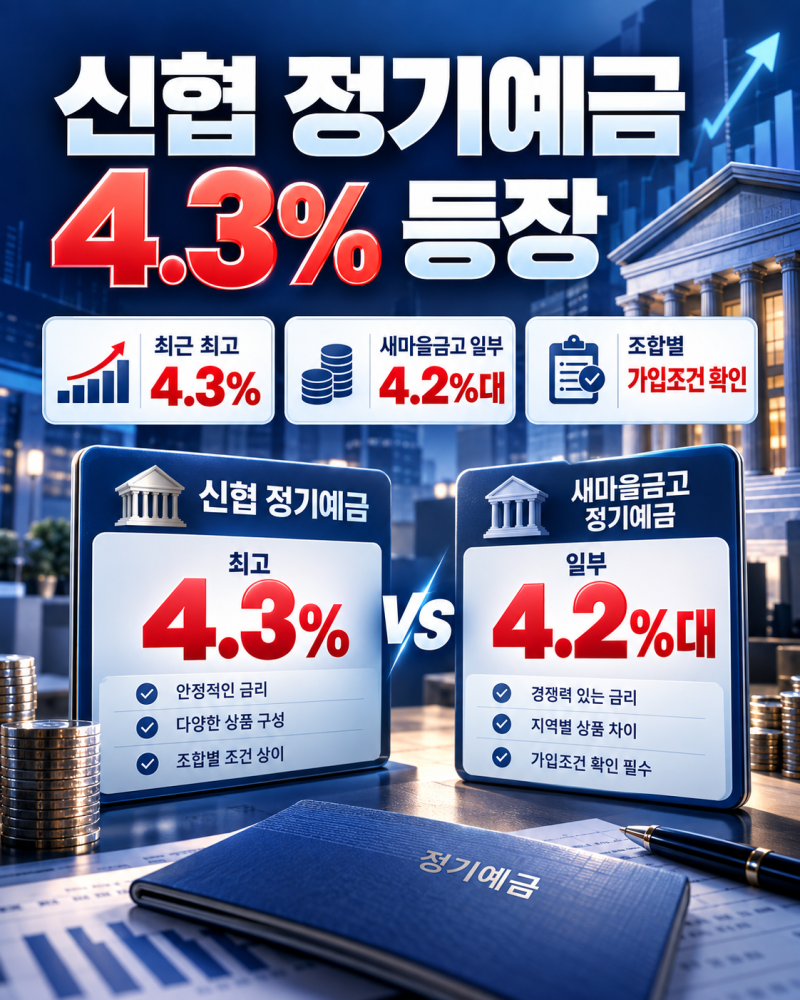 신협 4.3% 정기예금 등장, 새마을금고와 금리 비교·가입조건·지역 확인