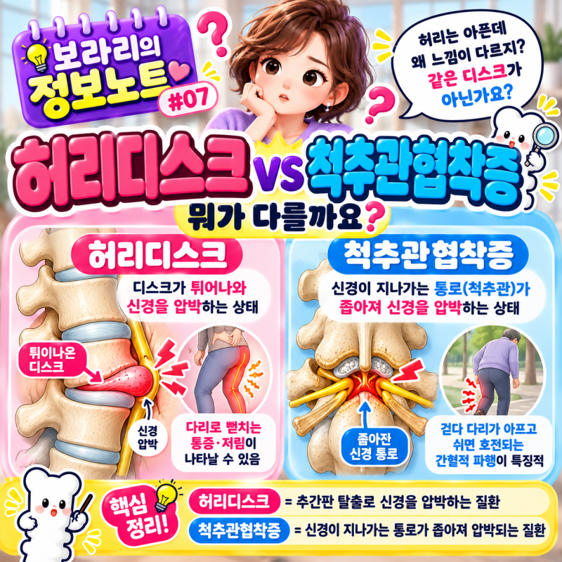 허리디스크 vs 척추관협착증 차이, 다리 저림은 비슷한데 뭐가 다를까?