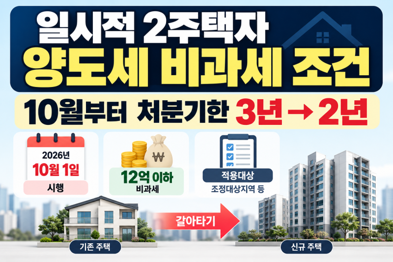 일시적 2주택자 양도세 비과세 조건, 10월부터 처분기한 3년→2년…12억·적용대상은?