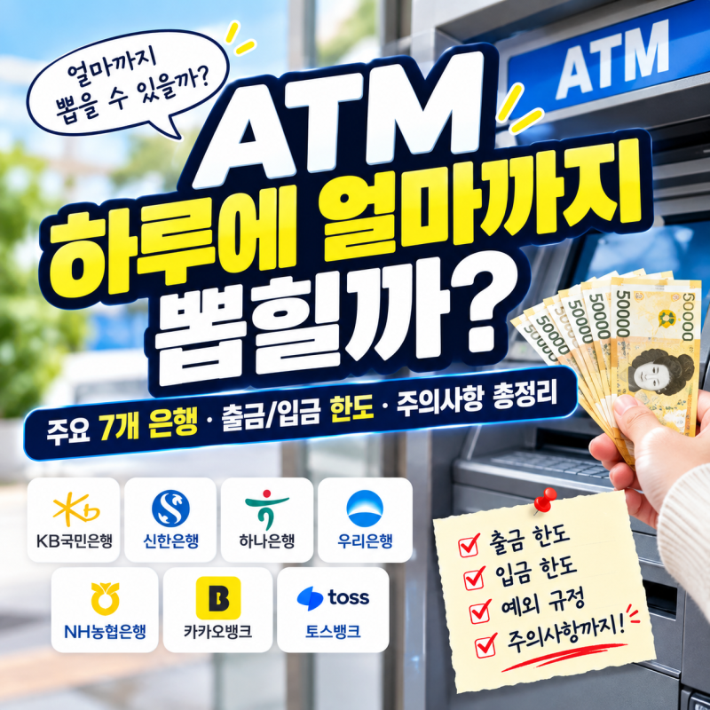 ATM 하루에 얼마까지 뽑힐까? 국민·신한·하나·우리·농협·카카오·토스 한도 총정리