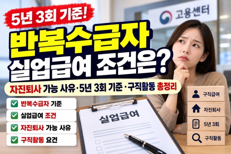 반복수급자 실업급여 조건은? 자진퇴사 가능 사유 5년 3회 기준 구직활동 총정리