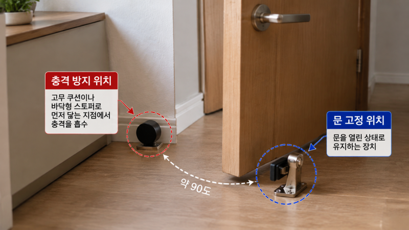 자석 도어스토퍼와 일반 스토퍼 두 개, 문 고정과 충격 방지 차이