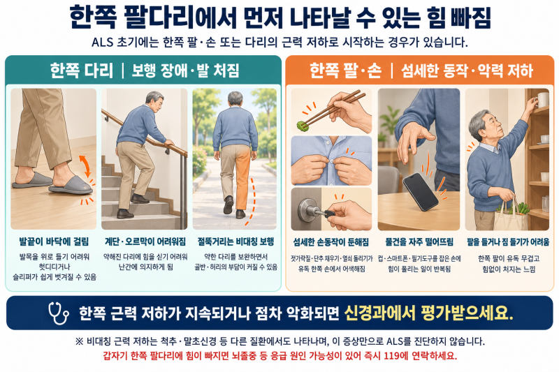 한쪽 팔다리 힘 빠짐과 근육 떨림, 보행 장애로 이어진 루게릭병 초기 신호 (루게릭 투병기 #2....