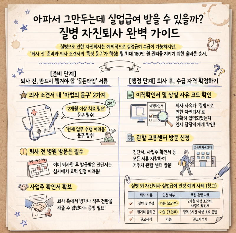"자진퇴사 실업급여 인정" 질병퇴사 절차 N잡러 자진퇴사해도 월 180만원 100% 받는 진단서 문....