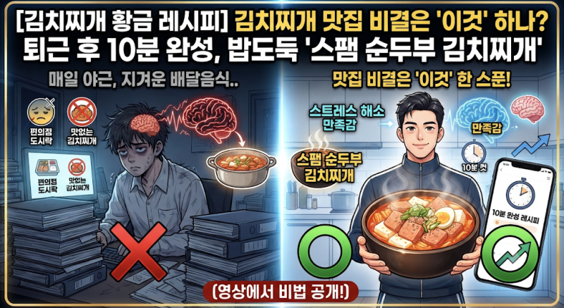 김치찌개 맛집 비결은 '이것' 하나? 퇴근 후 10분 완성, 밥도둑 '스팸 순두부 김치찌개' 황금 ....