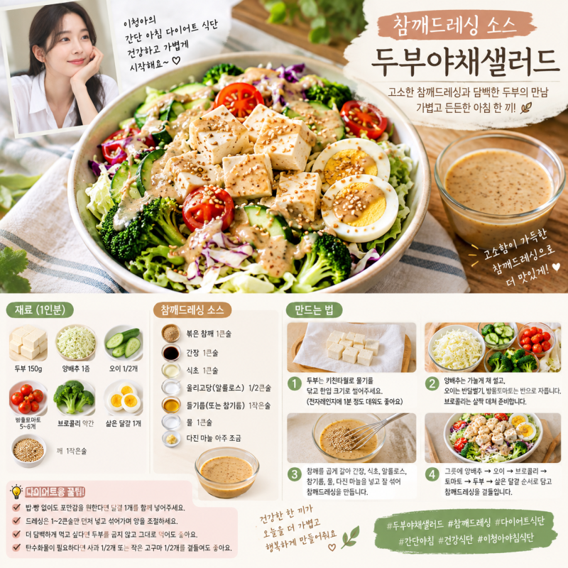 배우 이청아 간단아침 다이어트 식단 참깨드레싱 소스 두부야채샐러드 만드는법