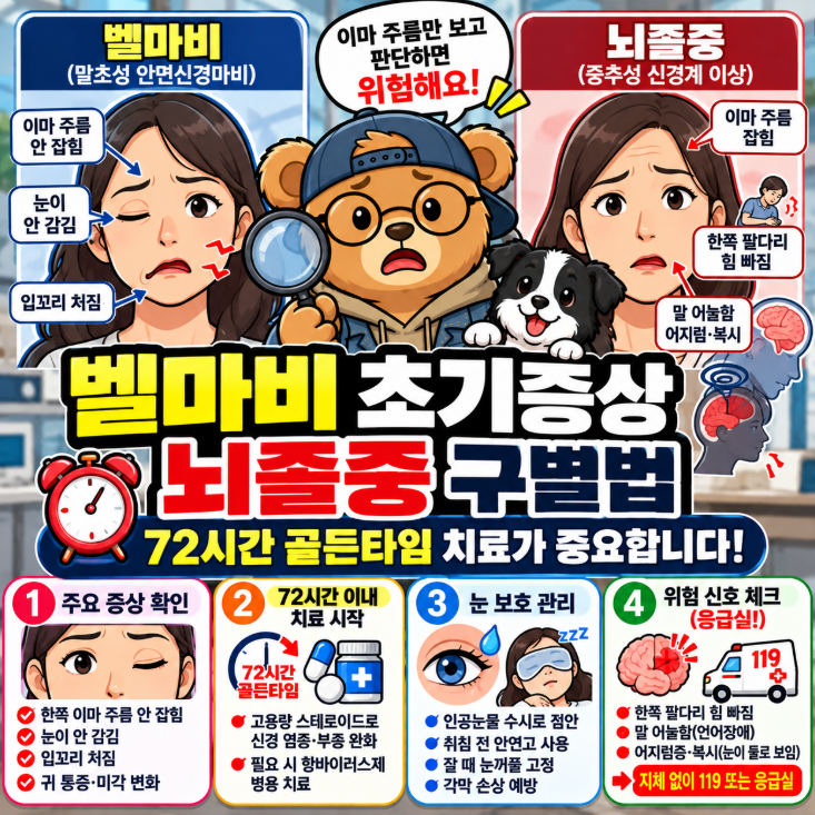 아침에 입 돌아가고 눈 안 감길 때: 벨마비 초기증상과 뇌졸중 구별법 (72시간 골든타임)