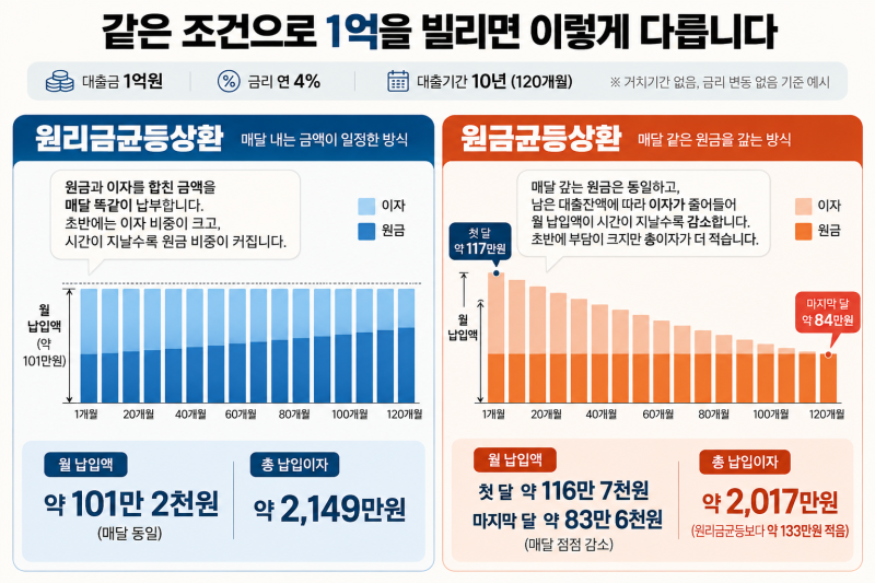 원리금균등 원금균등 차이, 1억 대출하면 이자는 얼마나 다를까?