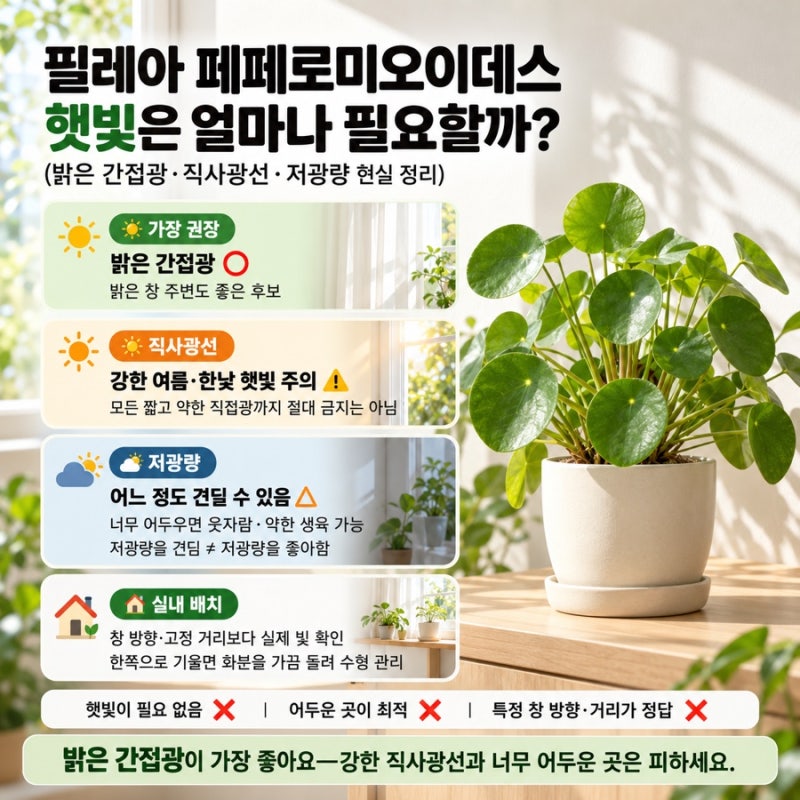 필레아 페페로미오이데스 햇빛은 얼마나 필요할까?(밝은 간접광·직사광선·저광량 현실 정....