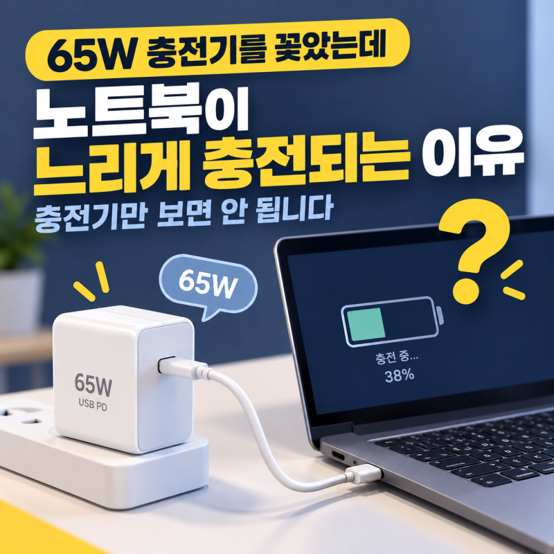 65W 충전기를 꽂았는데 노트북이 느리게 충전되는 이유, 충전기만 보면 안 됩니다