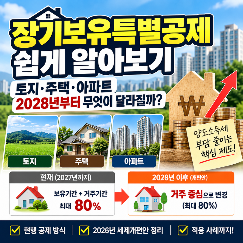 장기보유특별공제란? 토지·주택·아파트 현행제도와 2026년 개편안 쉽게 알아보기