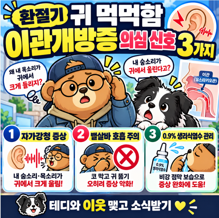 환절기 귀 먹먹함 이관개방증 의심 신호 3가지: 자가강청 증상과 0.9% 생리식염수 관리
