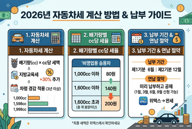 자동차세 계산 방법 2026년 기준｜배기량별 세율·납부 기간·연납 절약 방법